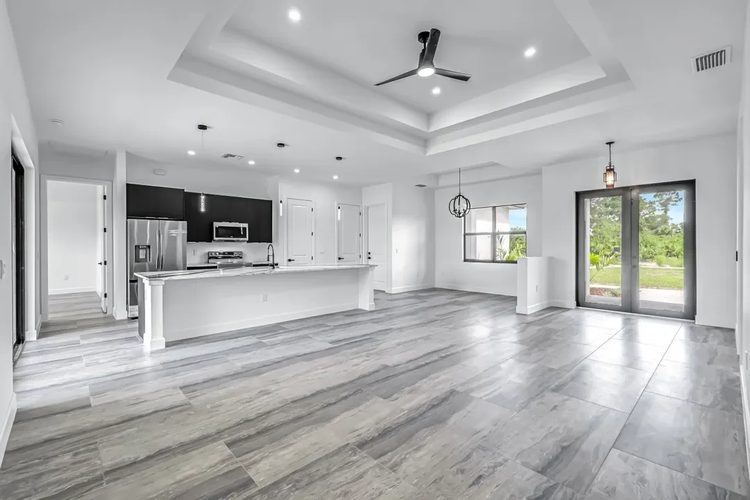 Open living area under a tray ceiling.